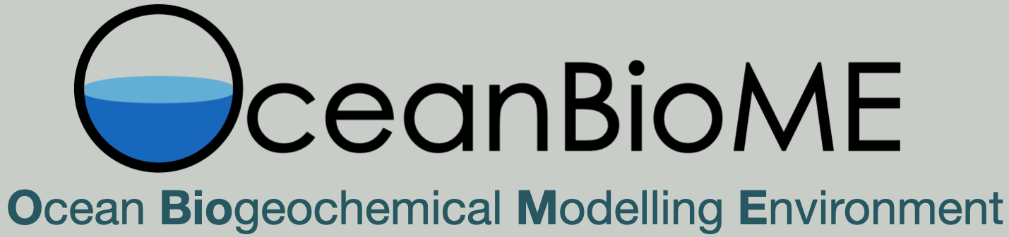 The OceanBioME.jl logo - the text 'OceanBioME.jl' with a simple cartoon of an ocean inside the O, and a byline 'Ocean Biogeochemical Modelling Enviroment'